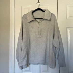 AERIE Cozy Up Waffle Knit Quarter Zip Sweater, heather gray, Large